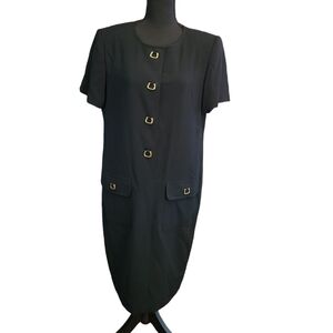 Liz Claiborne 80's Vintage Overlap Button up Dress Black Triacetate/poly Size 8